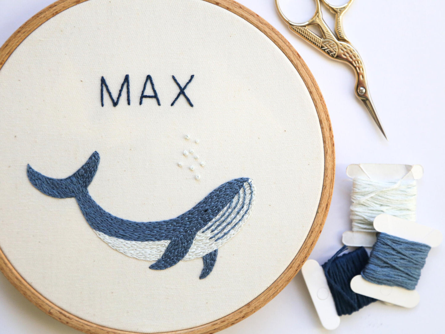 Custom name blue whale in round hoop