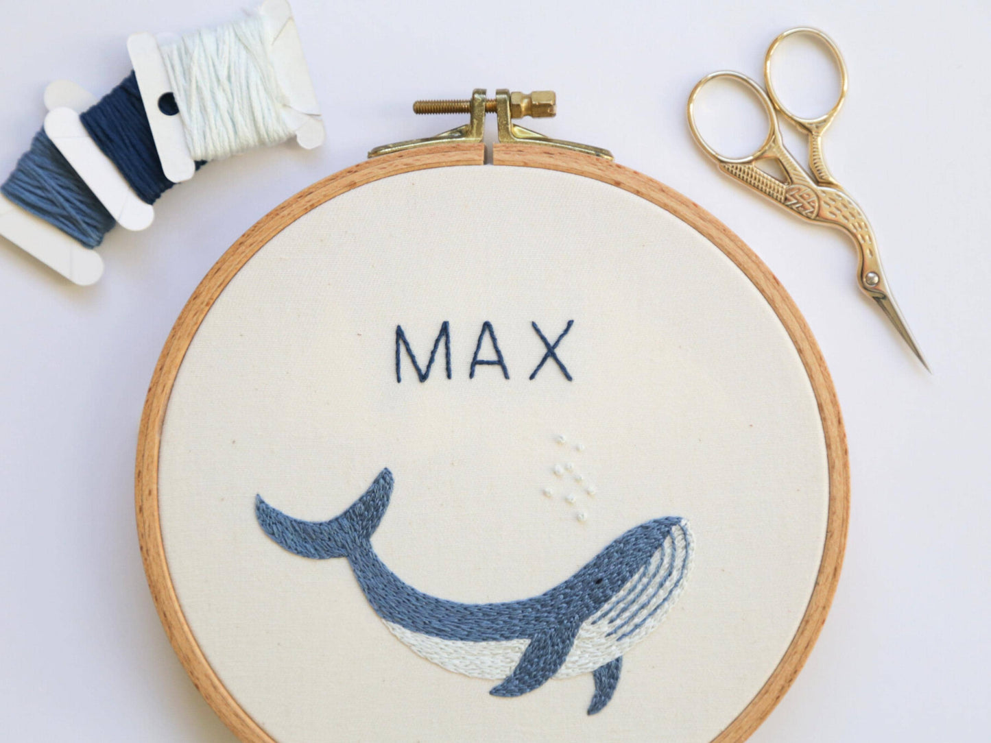 Custom name blue whale in round hoop
