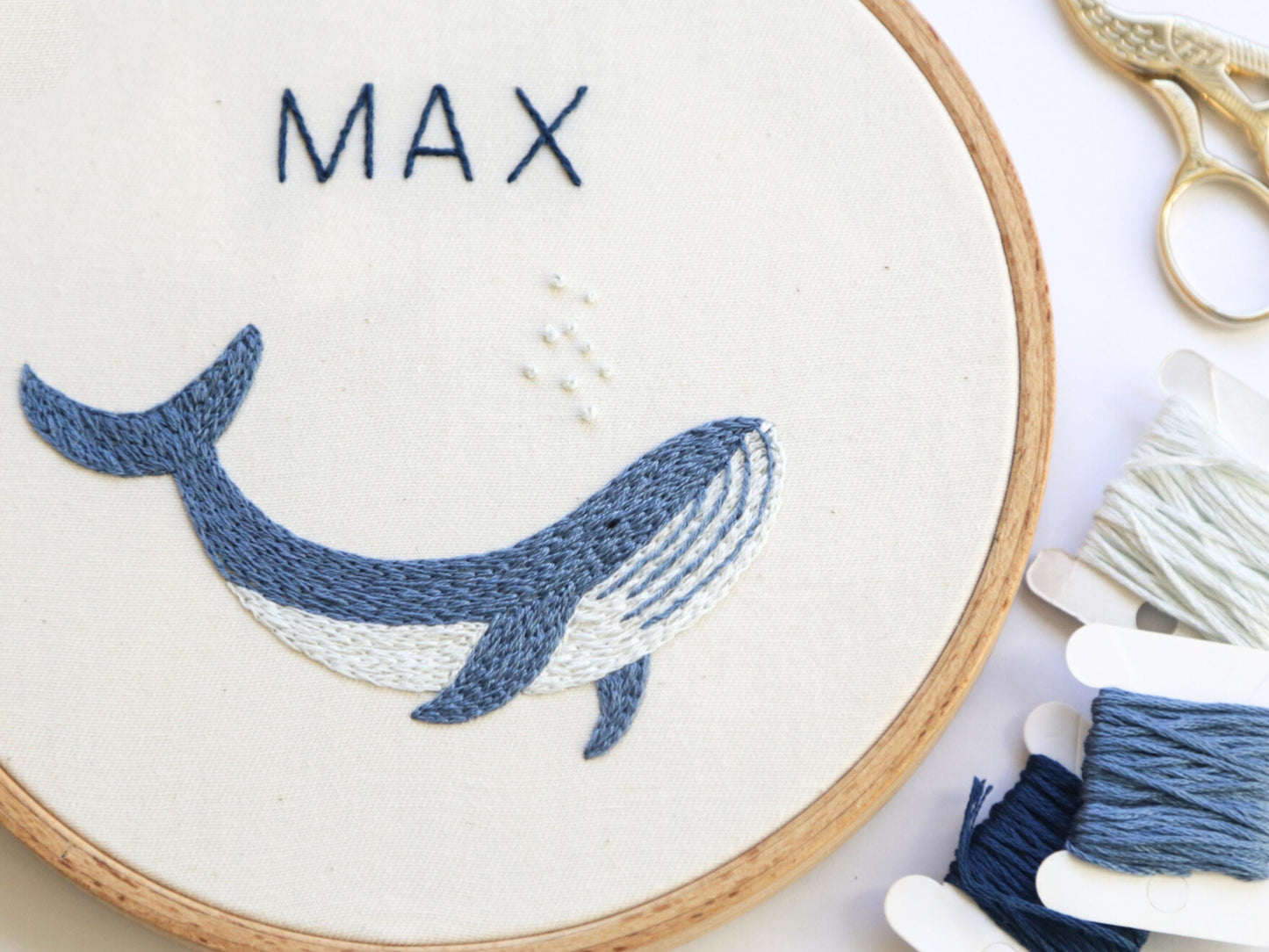 Custom name blue whale in round hoop