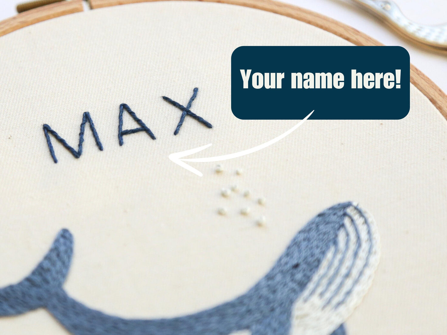 Custom name blue whale in round hoop