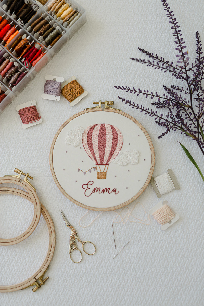 Custom name pink hot air balloon in round hoop
