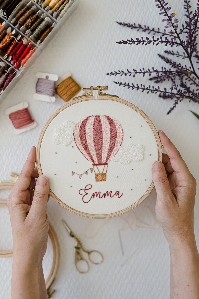 Custom name pink hot air balloon in round hoop