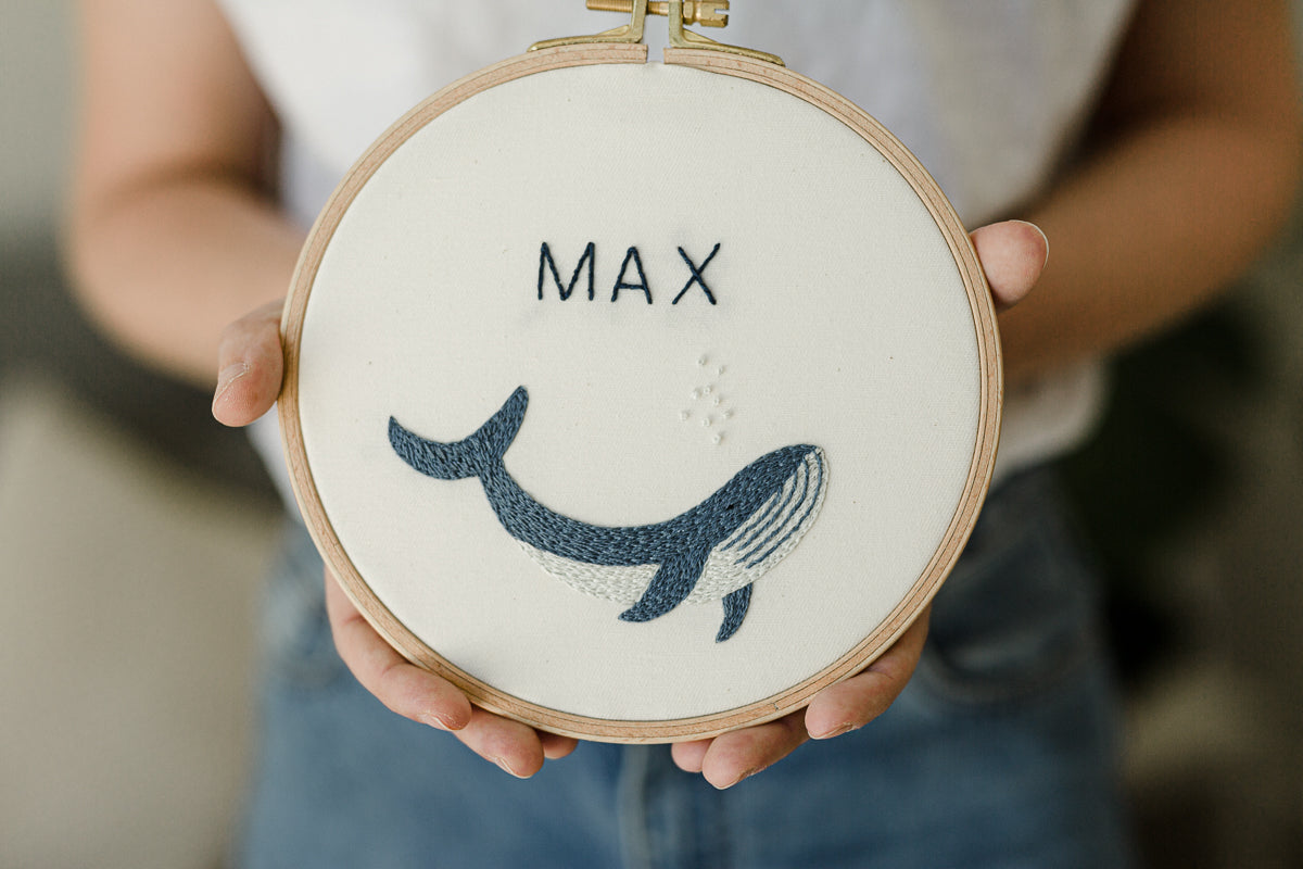 Custom name blue whale in round hoop