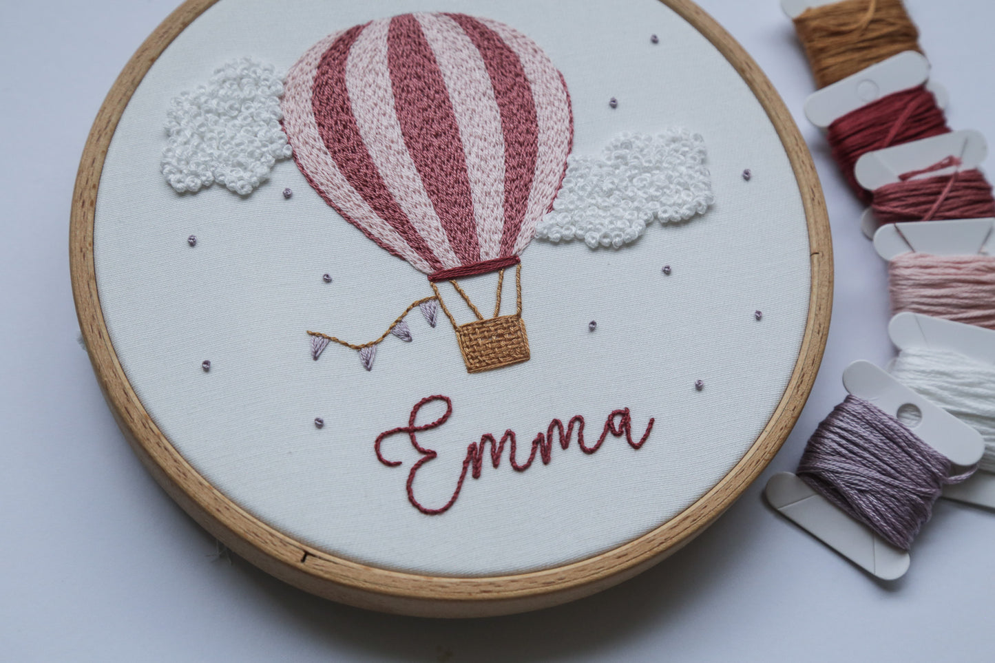 Custom name pink hot air balloon in round hoop