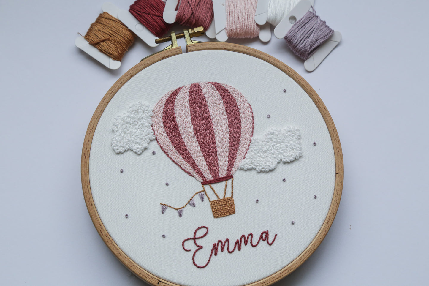Custom name pink hot air balloon in round hoop