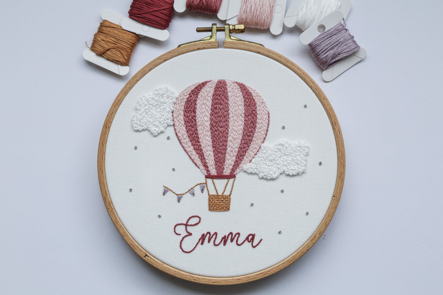 Custom name pink hot air balloon in round hoop
