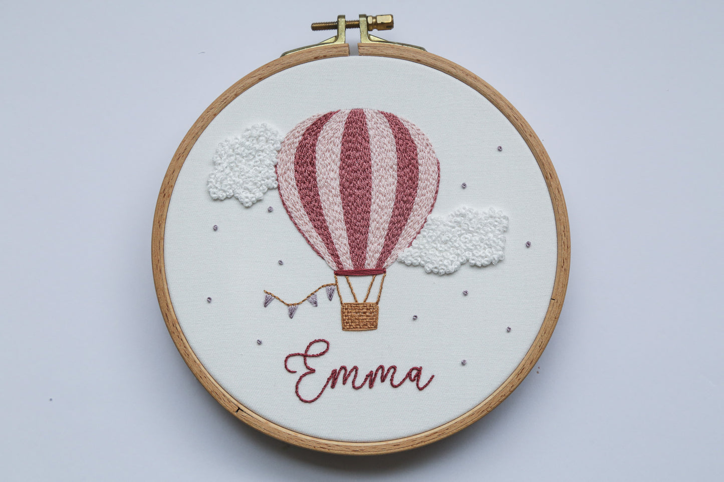 Custom name pink hot air balloon in round hoop