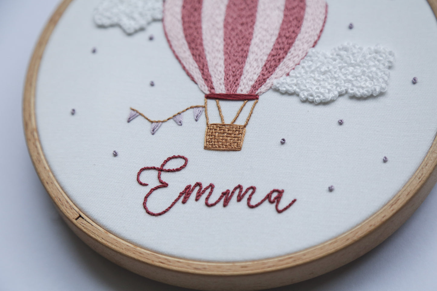 Custom name pink hot air balloon in round hoop