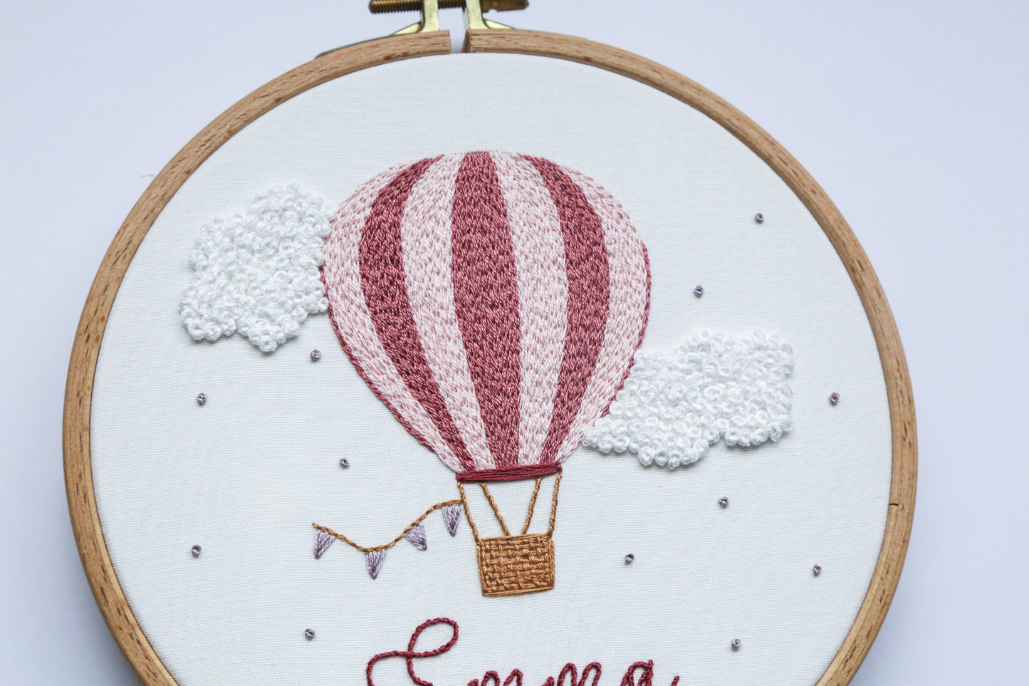 Custom name pink hot air balloon in round hoop