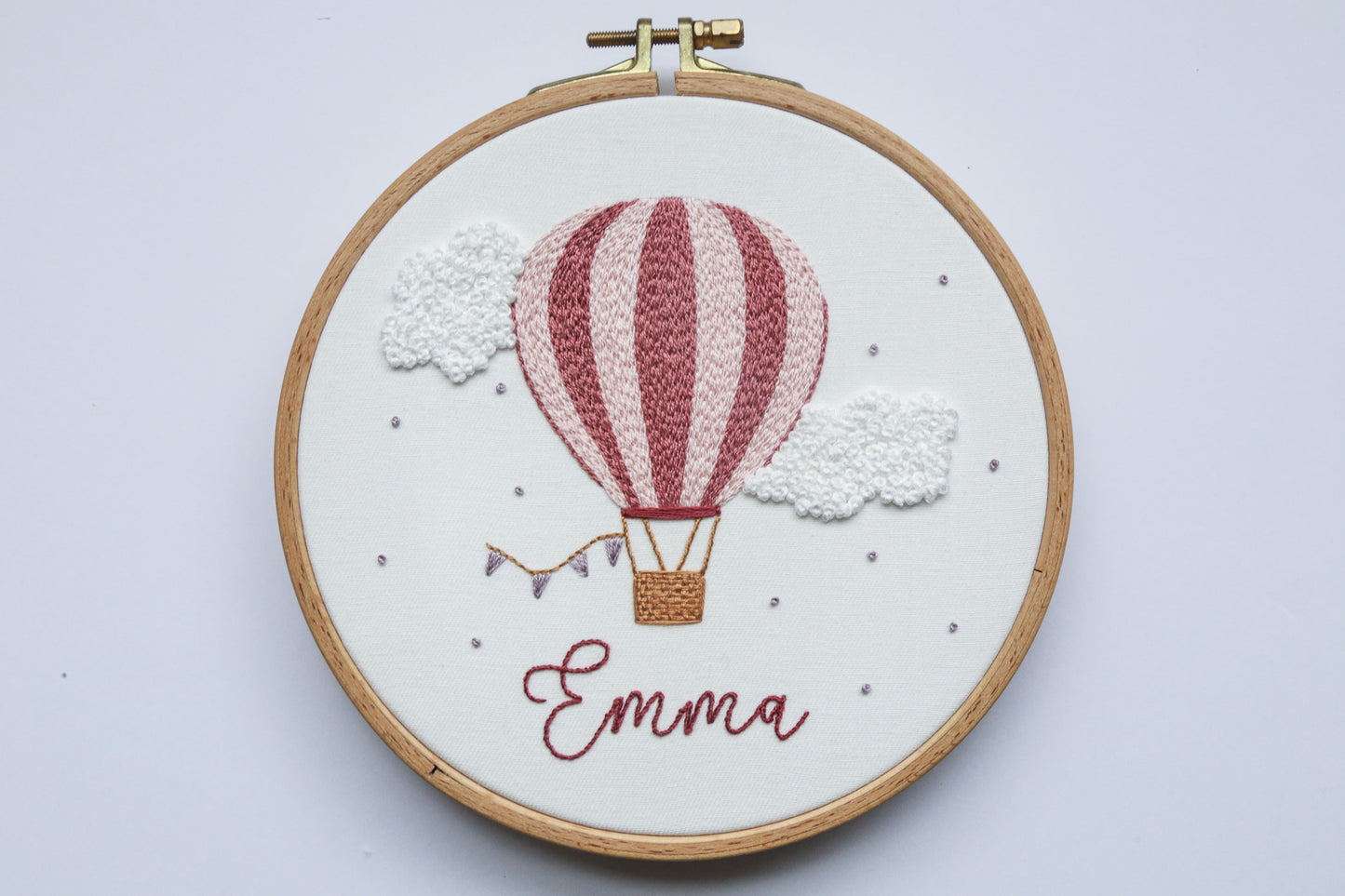 Custom name pink hot air balloon in round hoop